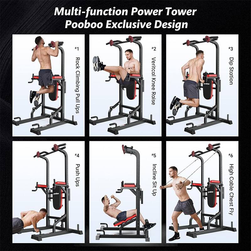 Multi-function Power Tower Pooboo Exclusive Design

1. Rock Climbing Pull Ups
2. Vertical Knee Raise
3. Dip Station
4. Push Ups
5. Incline Sit Up
6. High Cable Chest Fly