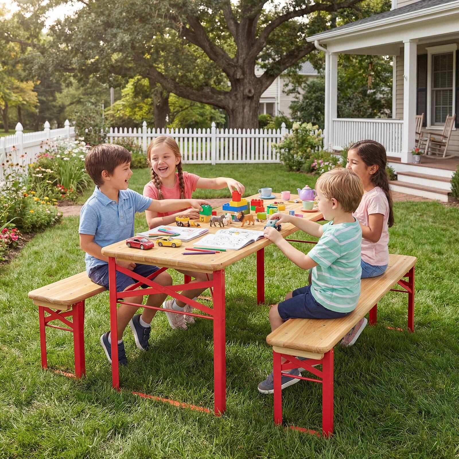 Alt View 3. Costway - Costway 43.5 Inch Folding Kids Picnic Table & Bench Set with 0.8" Thick Fir Wood Top - Red and Natural.