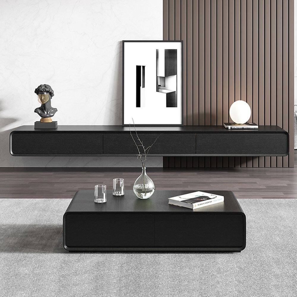 Angle. POVISON - 79" Fully-Assembled Black Floating TV Stand Solid Wood - Black.