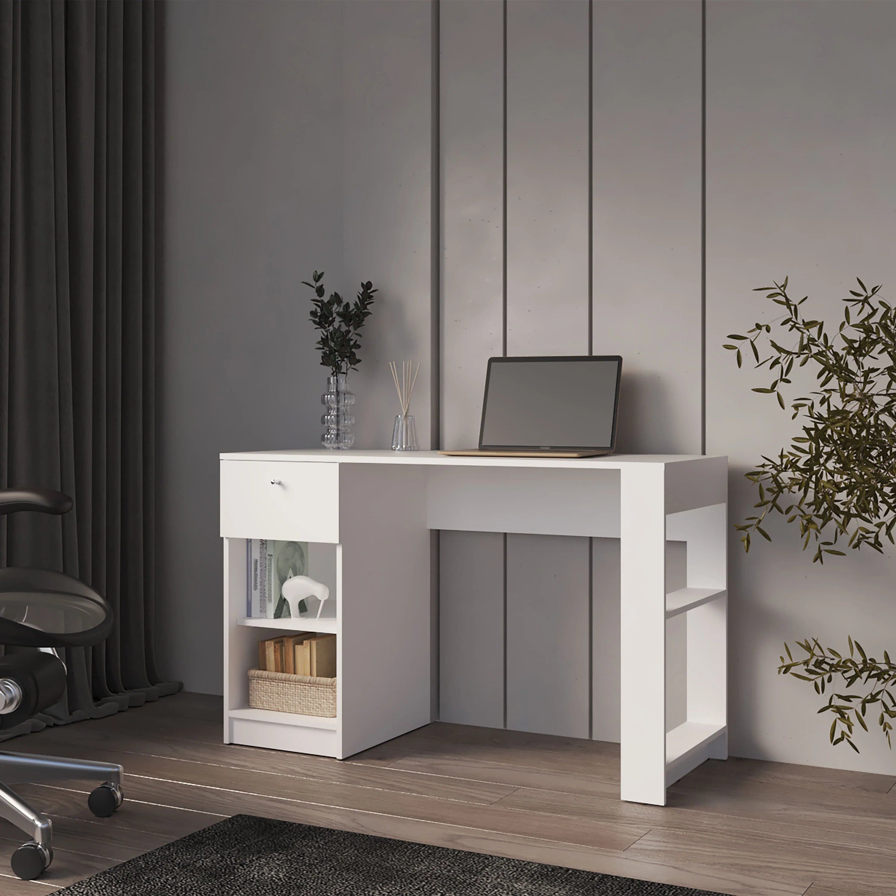 TinyHomie - Computer Desk with Drawer and Open Storage - White
