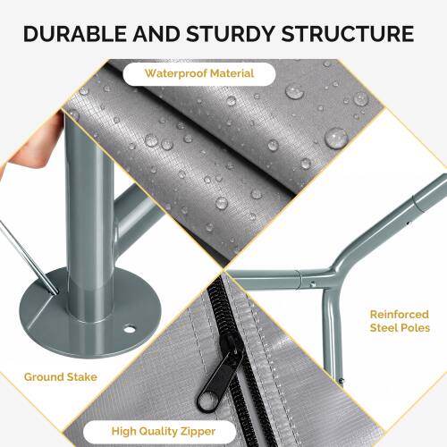 DURABLE AND STURDY STRUCTURE

- Waterproof Material
- Reinforced Steel Poles
- Ground Stake
- High Quality Zipper