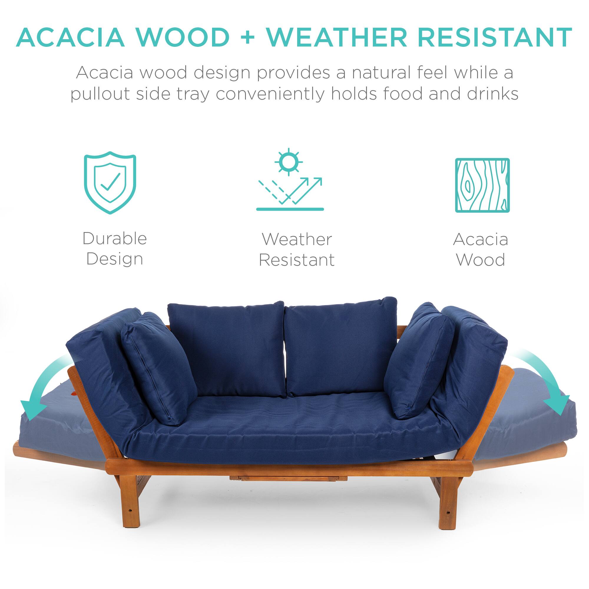 ACACIA WOOD + WEATHER RESISTANT

Acacia wood design provides a natural feel while a pullout side tray conveniently holds food and drinks

- Durable Design
- Weather Resistant
- Acacia Wood