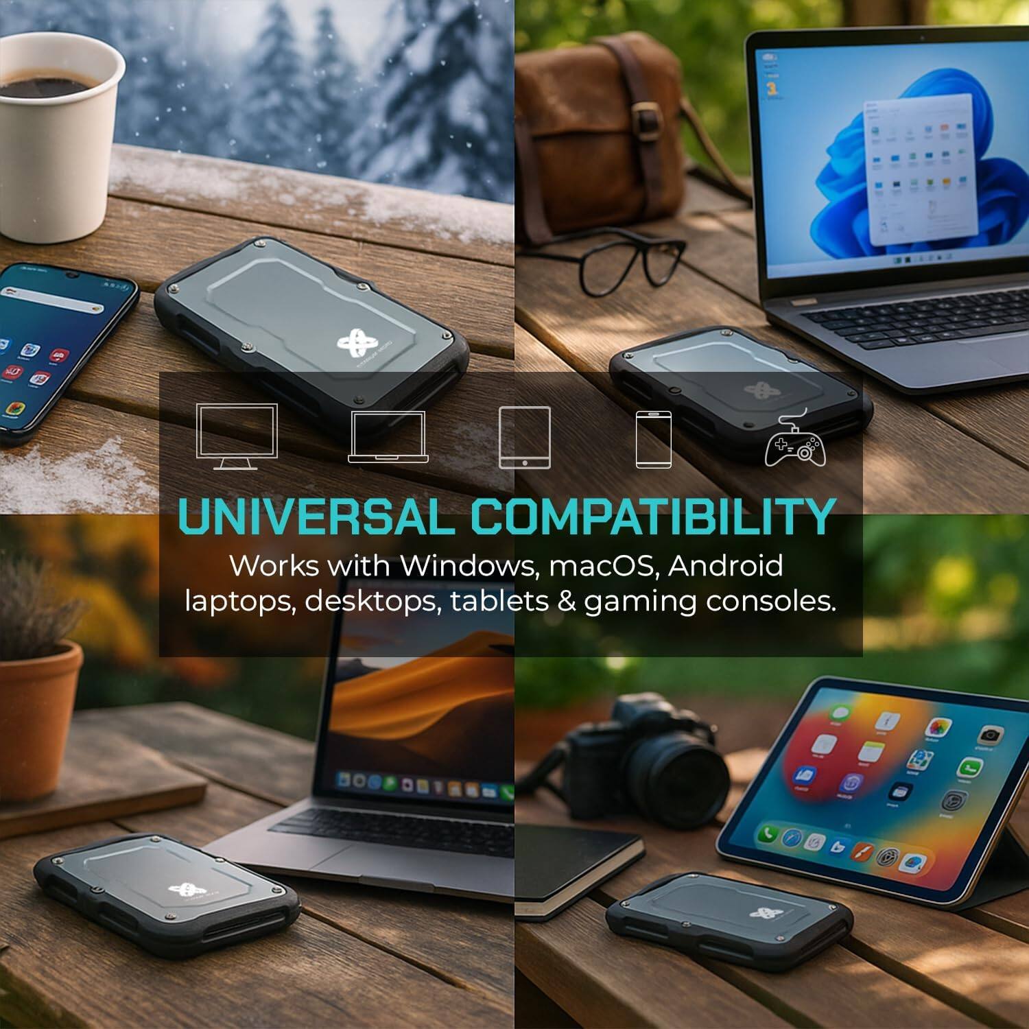 UNIVERSAL COMPATIBILITY  
Works with Windows, macOS, Android laptops, desktops, tablets & gaming consoles.