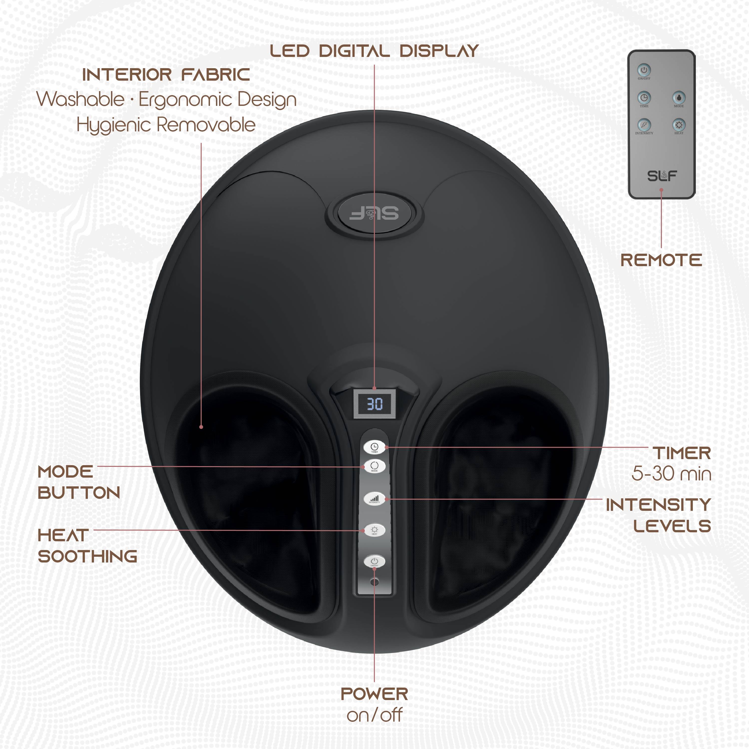 LED DIGITAL DISPLAY  
INTERIOR FABRIC  
Washable • Ergonomic Design  
Hygienic Removable  

REMOTE  
SLF  

MODE BUTTON  
HEAT SOOTHING  
TIMER 5-30 min  
INTENSITY LEVELS  
POWER on/off