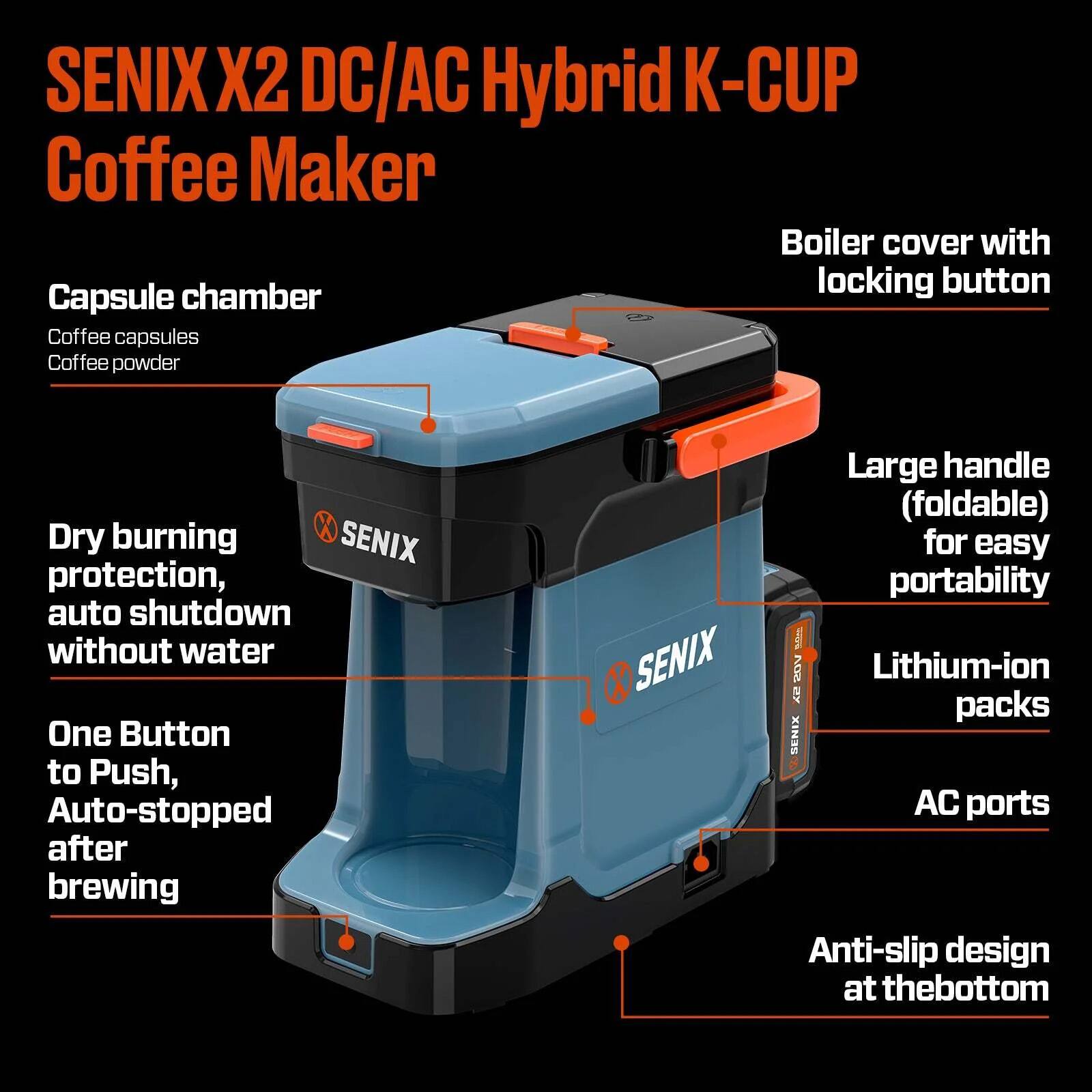 SENIX X2 DC/AC Hybrid K-CUP Coffee Maker

- Capsule chamber
  - Coffee capsules
  - Coffee powder

- Dry burning protection, auto shutdown without water

- One Button to Push, Auto-stopped after brewing

- Boiler cover with locking button

- Large handle (foldable) for easy portability

- Lithium-ion packs

- AC ports

- Anti-slip design at the bottom