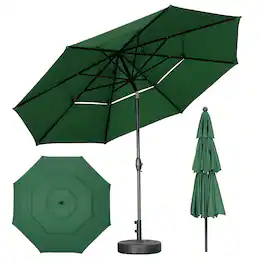 Ainfox - 10 FT 3-Tier Patio Umbrella with Base Outdoor Market Umbrella with Crank and Tilt for Garden Lawn Backyard Pool - Green
