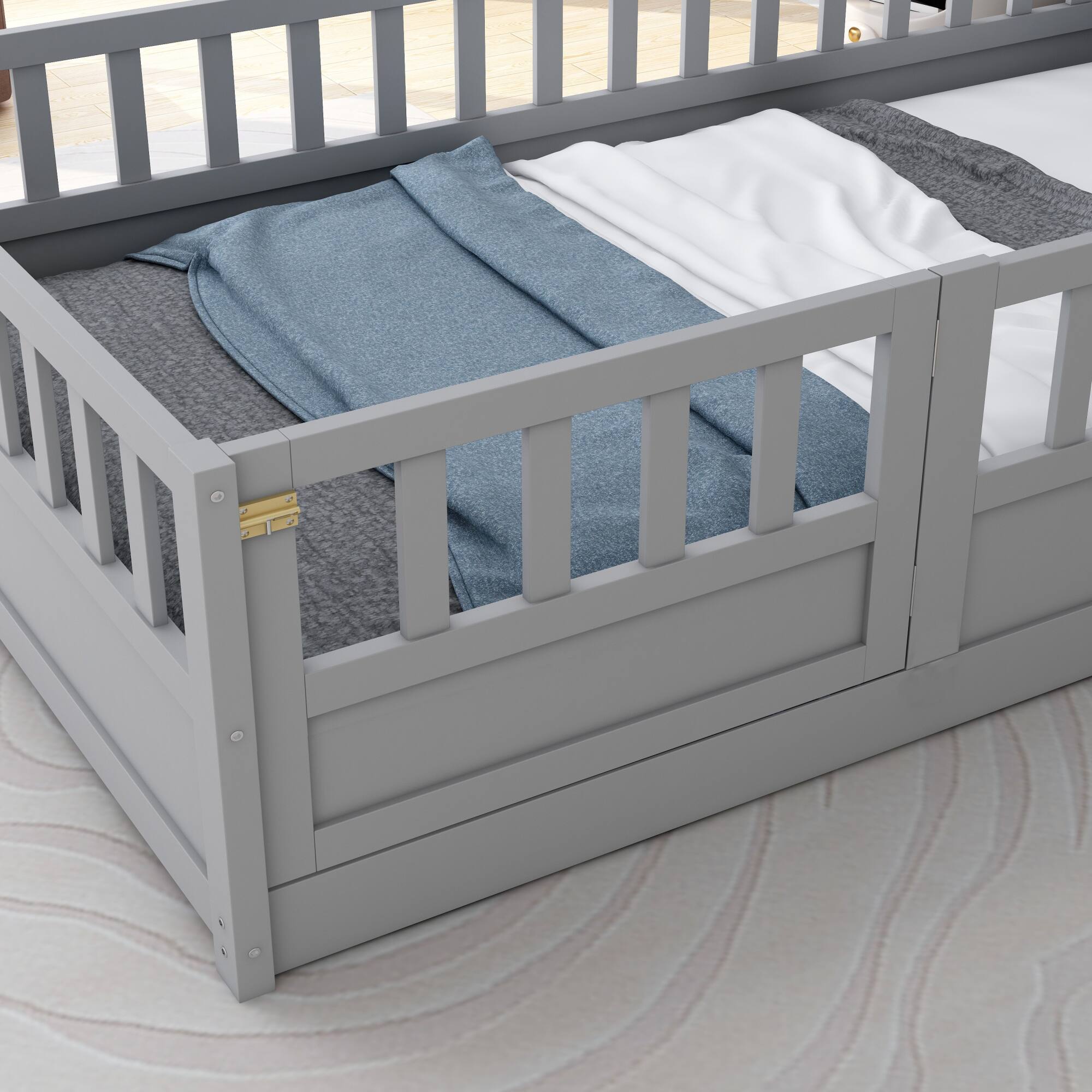 Alt View 4. GOODSILO - Twin Size Floor Bed with Safety Barrier and Door for Children, Montessori Inspired Wooden Frame - Grey.