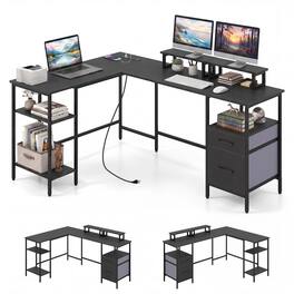 Costway - L Shaped Desk with Power Outlet, Reversible Computer Desk with Monitor Stands - Gray + Black