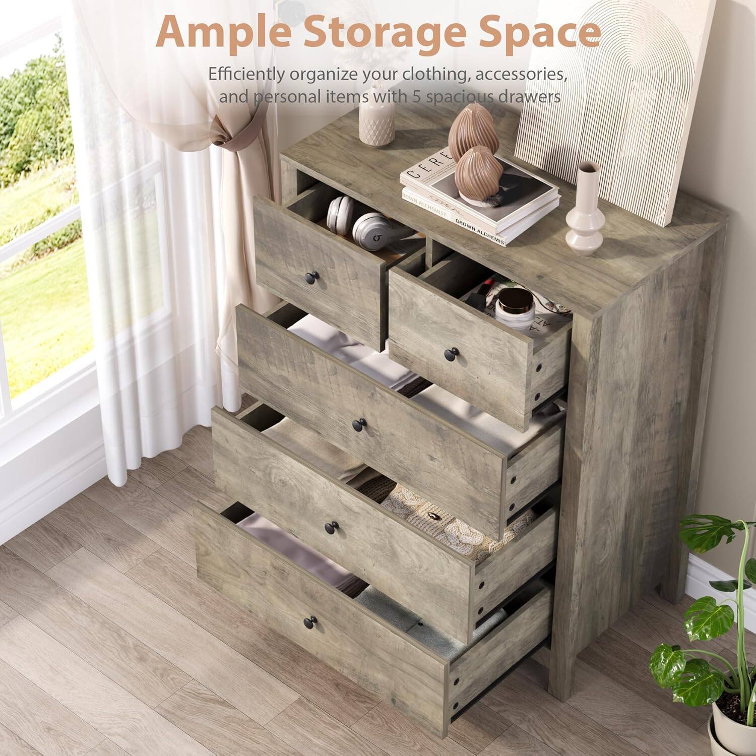 Ample Storage Space  
Efficiently organize your clothing, accessories, and personal items with 5 spacious drawers