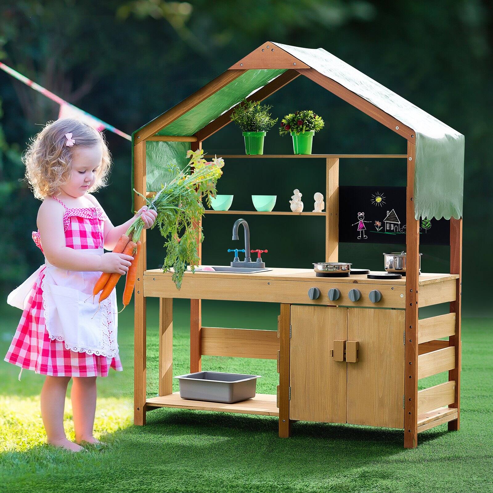 Alt View 1. Glintex - Wooden Mud Kitchen Playset for Kids, Outdoor Pretend Kitchen with Planter Box, Sink, Faucet, Blackboard & Accessories.