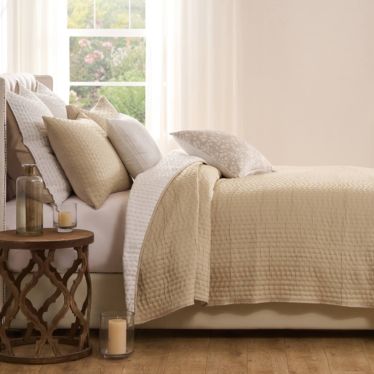 Angle. Greenland Home Fashions - Greenland Home Fashions Homestead 100% Woven Polyester Jacquard 3-Piece Full/Queen Coverlet Set Natural - Natural.