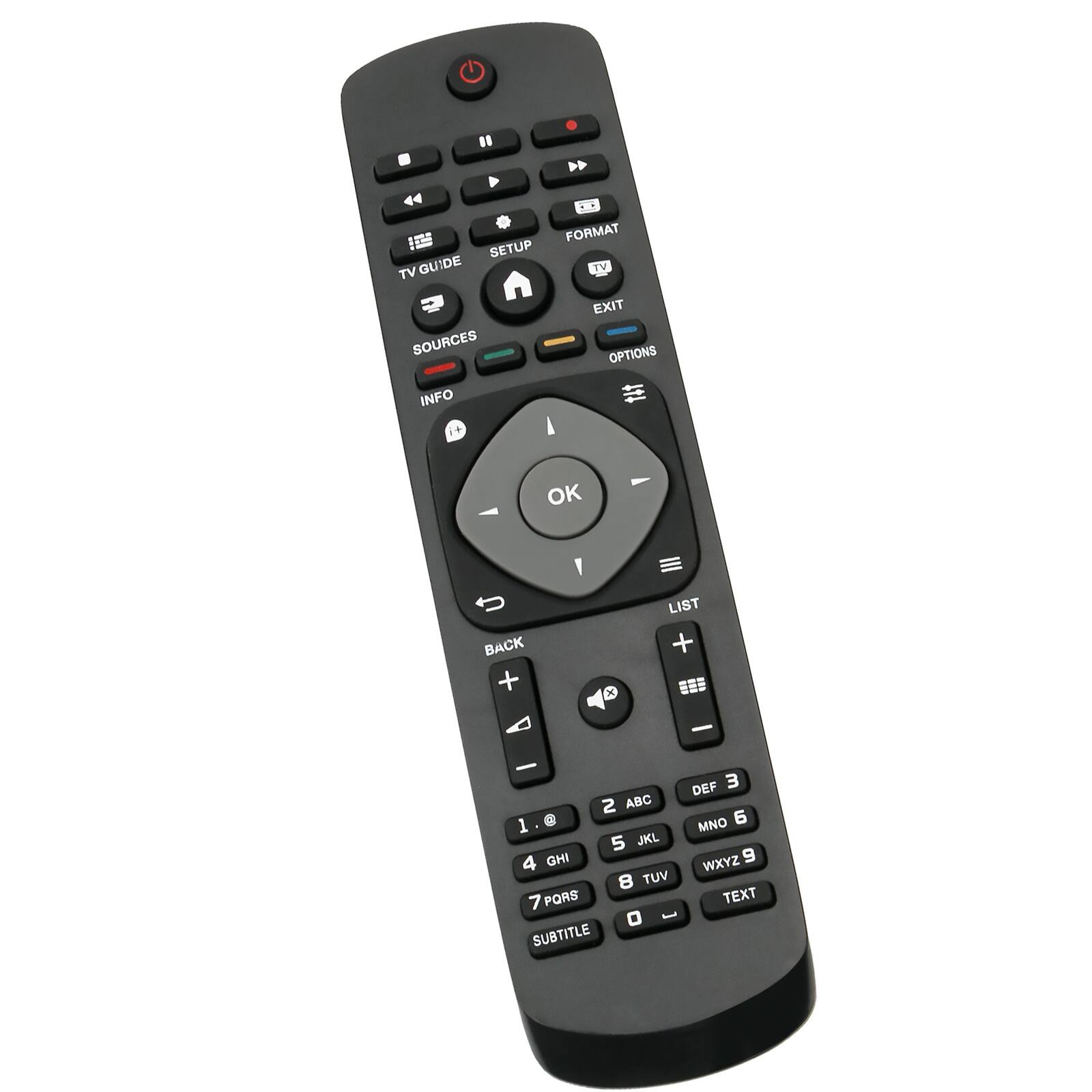 Sure, here is the corrected and grouped text from the image:

- **Top Row:**
  - FORMAT
  - TV
  - EXIT
  - OPTIONS

- **Second Row:**
  - TV GUIDE
  - SETUP
  - SOURCES
  - INFO

- **Central Section:**
  - OK (with directional arrows)

- **Below OK:**
  - BACK
  - LIST

- **Number Pad:**
  - 1
  - 2 ABC
  - 3 DEF
  - 4 GHI
  - 5 JKL
  - 6 MNO
  - 7 PQRS
  - 8 TUV
  - 9 WXYZ
  - 0
  - SUBTITLE
  - TEXT

- **Additional Buttons:**
  - SUBTITLE
  - TEXT

- **Volume and Channel Controls:**
  - Volume Up
  - Volume Down
  - Channel Up
  - Channel Down

- **Other Buttons:**
  - Power (red button at the top)
  - Play/Pause
  - Fast Forward
  - Rewind
  - Info (i)
  - List (with arrows)
  -