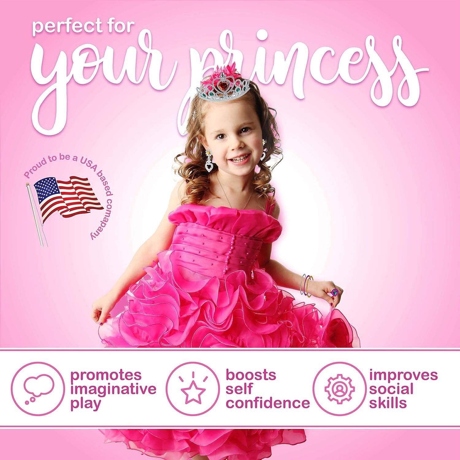 perfect for your princess, proud to be a USA based company, promotes imaginative play, boosts self confidence, improves social skills