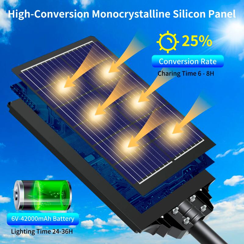High-Conversion Monocrystalline Silicon Panel

- 25% Conversion Rate
- Charging Time: 6 - 8H
- 6V-42000mAh Battery
- Lighting Time: 24-36H