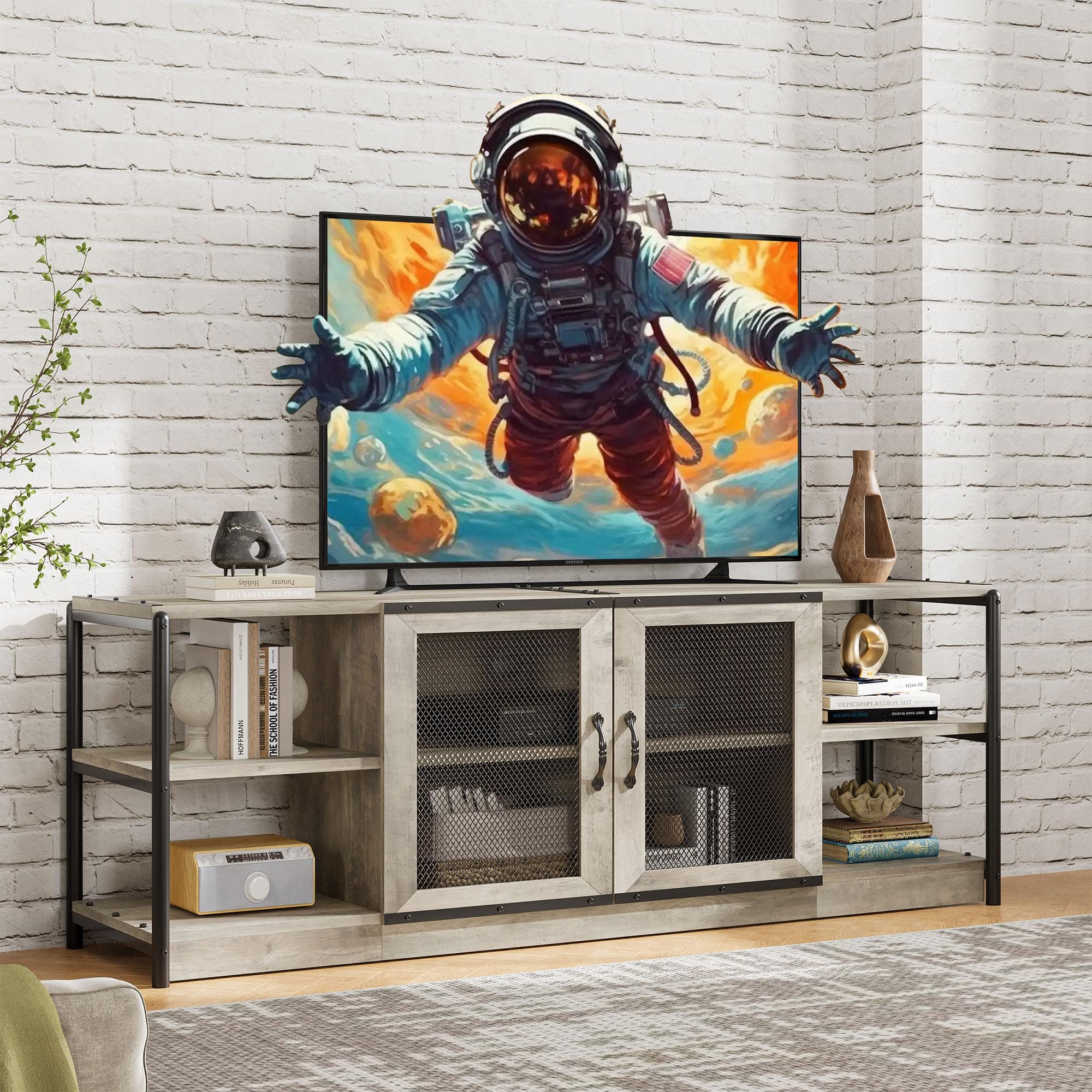 Qeetex - 71" Farmhouse TV Stand for 75/80 Inch TVs, Industrial Entertainment Center with Double Mesh Doors & Storage - Gray