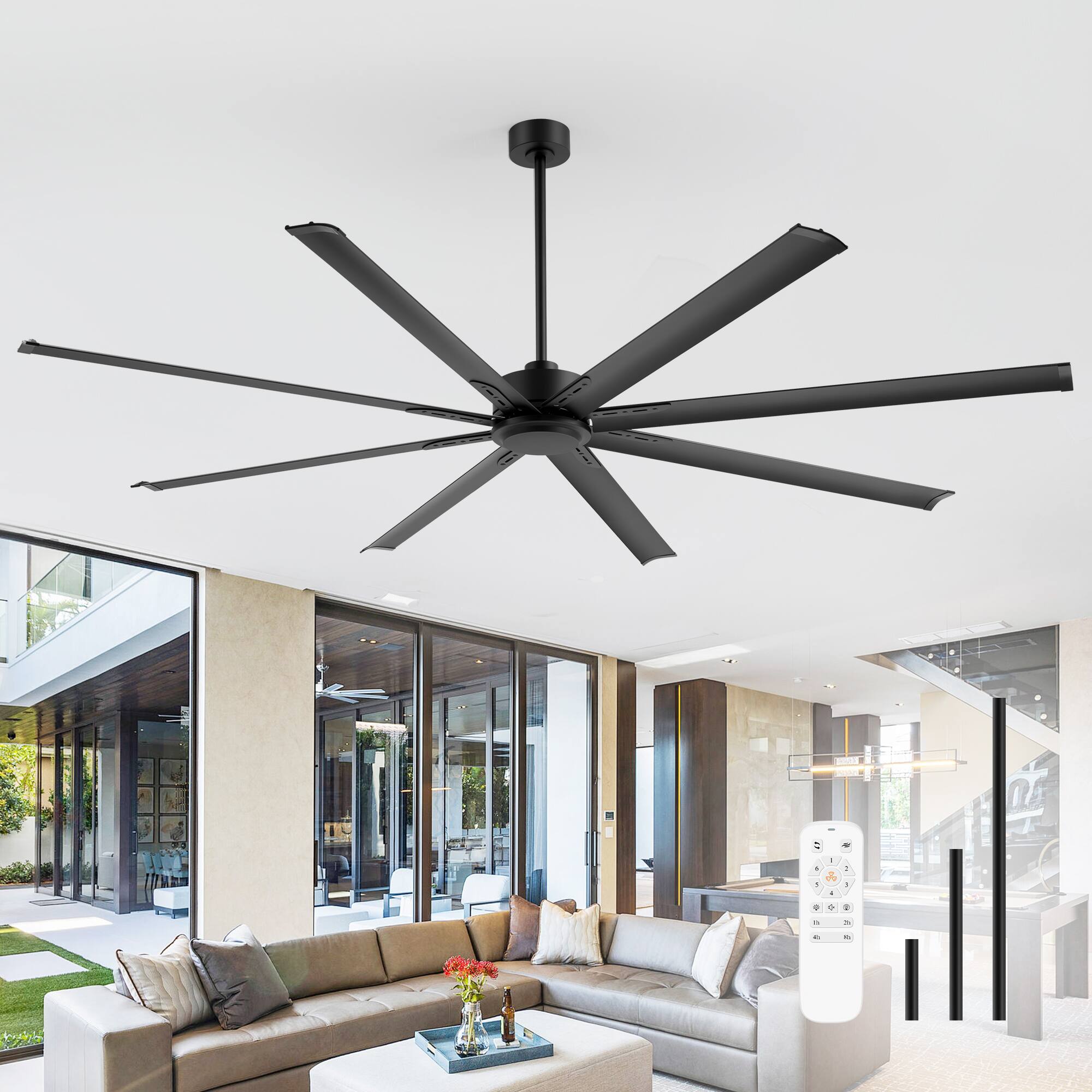 Left. Breezary - 84/96/120 Inch Extra Large HVLS Commercial Ceiling Fan, No Light, Aluminum Blades, DC Motor, Remote, 3 Downrods Included - 84-in Black.