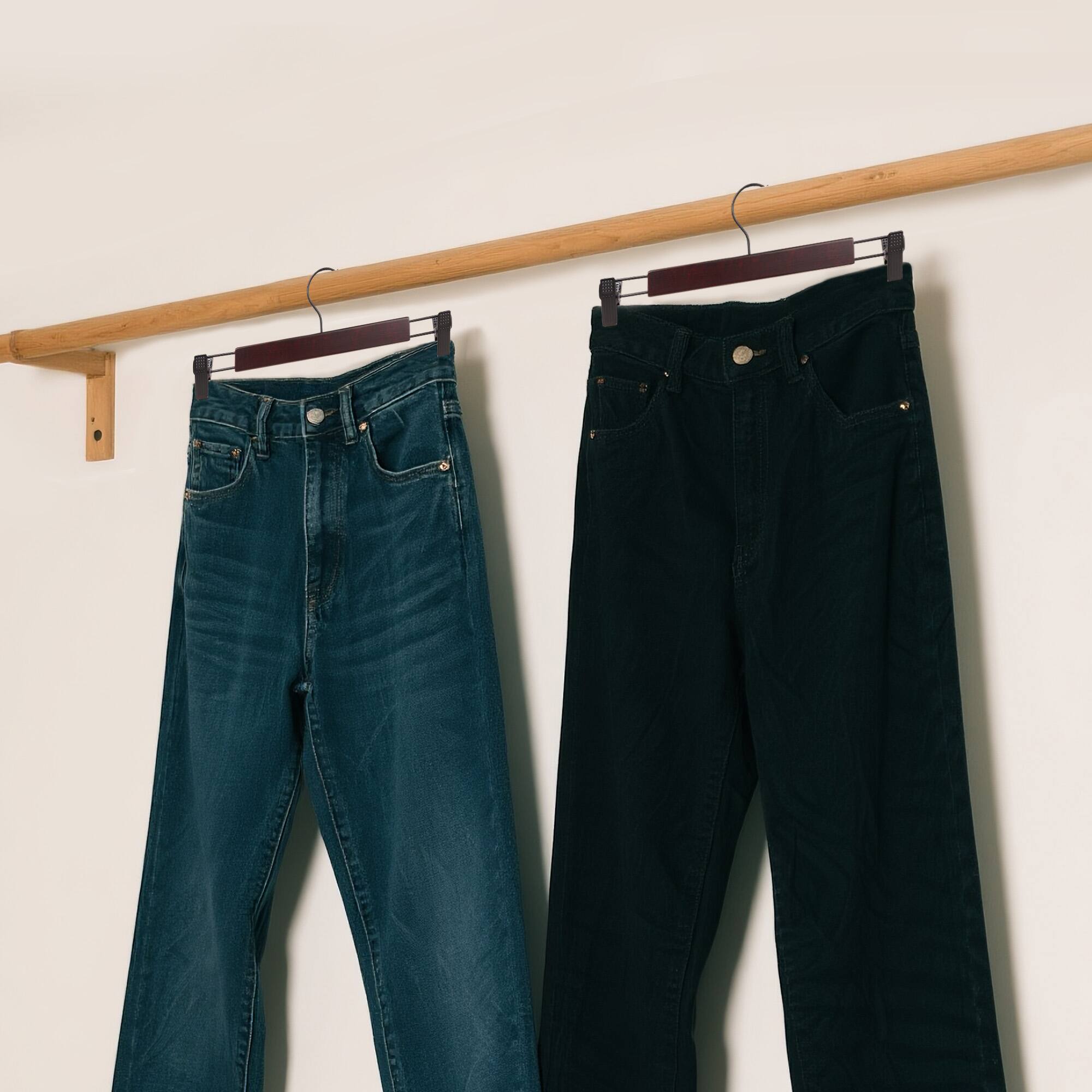 Alt View 2. BP4U - 12-Pack Wooden Adjustable Pants Hangers, Solid Wood Bottom Skirt/Trousers Hangers with Wrinkle-Free Design(Dark Cherry) - Dark Cherry.