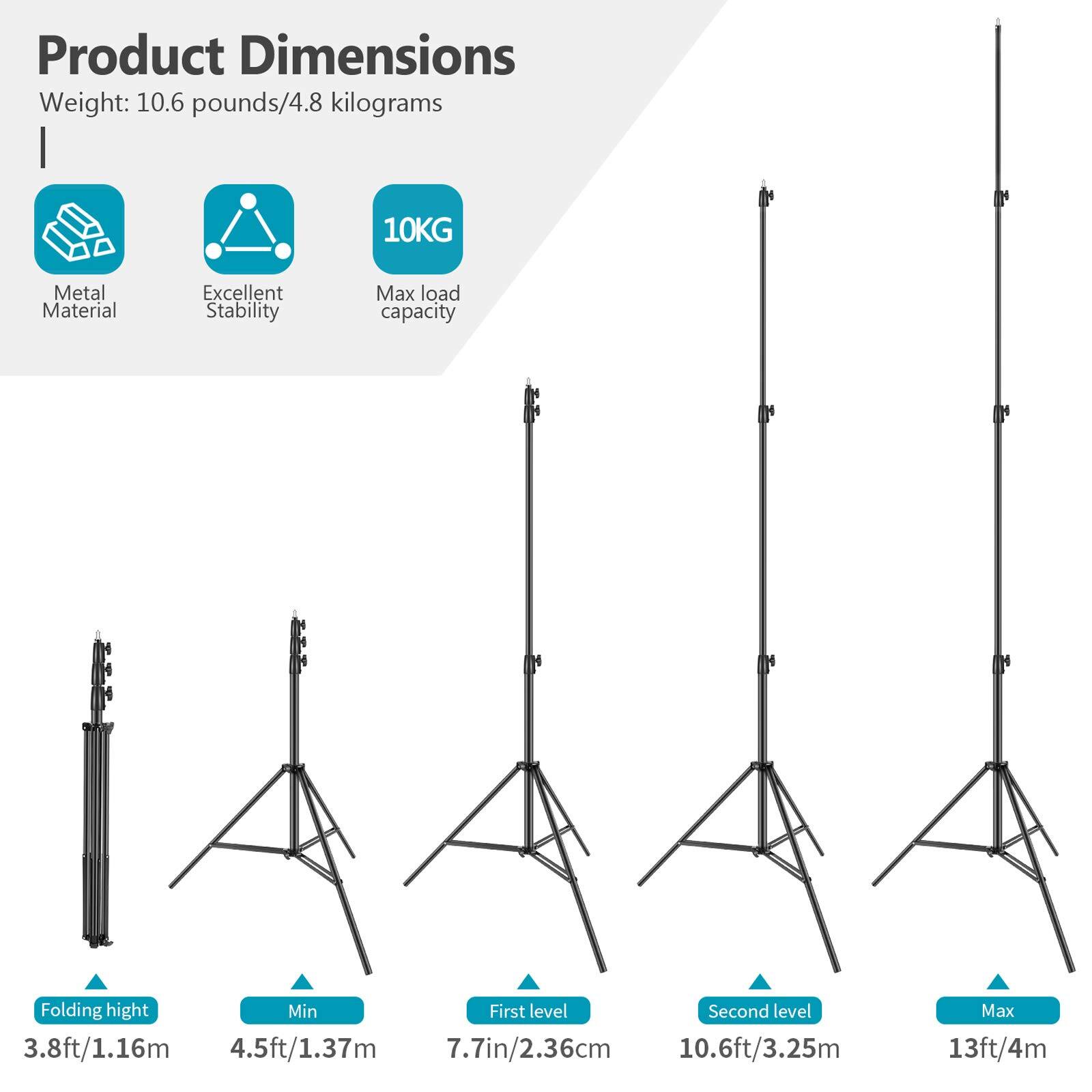 Product Dimensions  
Weight: 10.6 pounds/4.8 kilograms  

- Metal Material  
- Excellent Stability  
- Max load capacity: 10KG  

Folding height: 3.8ft/1.16m  
Min: 4.5ft/1.37m  
First level: 7.7in/2.36cm  
Second level: 10.6ft/3.25m  
Max: 13ft/4m