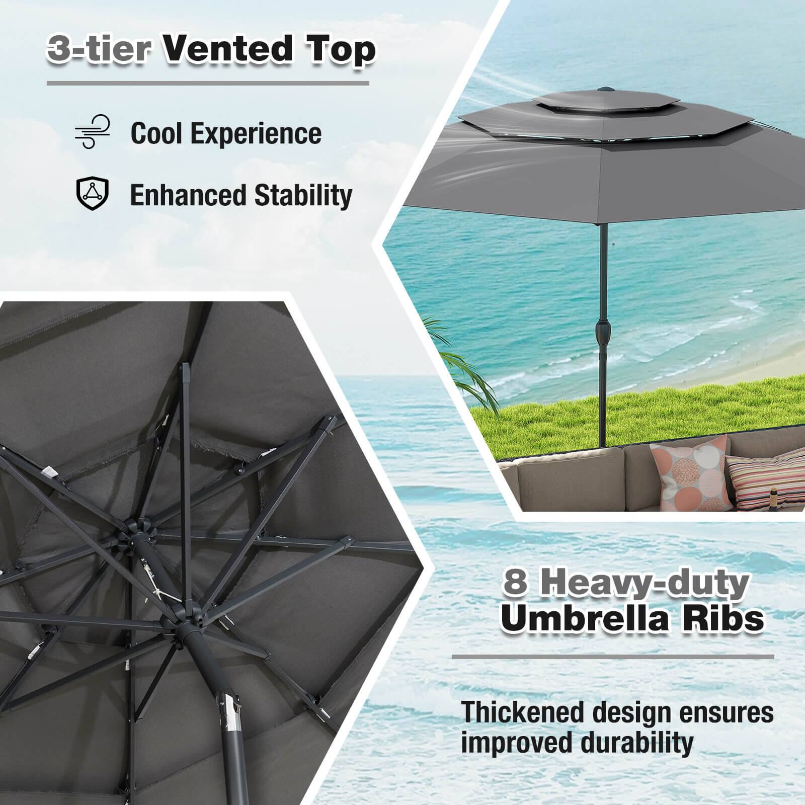 3-tier Vented Top
Cool Experience
Enhanced Stability
8 Heavy-duty Umbrella Ribs
Thickened design ensures improved durability