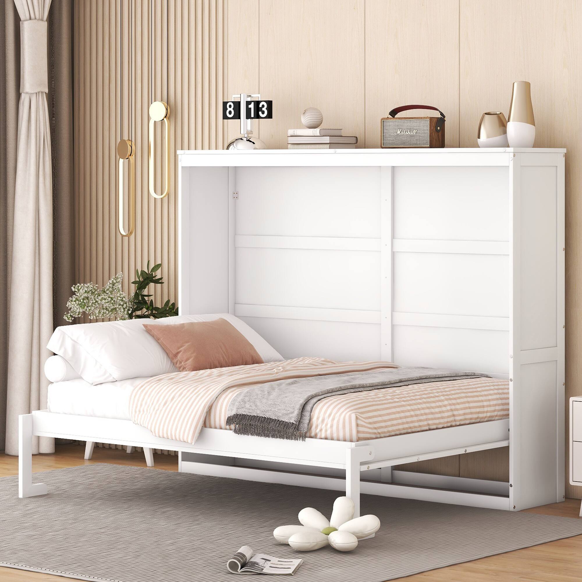 Alt View 7. Tiramisubest - Full Size White Plywood Murphy Wall Bed, Space-Saving with Comfortable Slats - White.