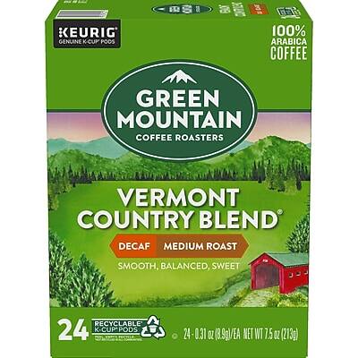KEURIG GENUINE K-CUP PODS  
100% ARABICA COFFEE  
GREEN MOUNTAIN COFFEE ROASTERS  
VERMONT COUNTRY BLEND  
DECAF  
MEDIUM ROAST  
SMOOTH, BALANCED, SWEET  
RECYCLABLE  
24 K-CUP PODS  
24 - 0.31 OZ (8.9g/EA)  
NET WT 7.5 OZ (213g)