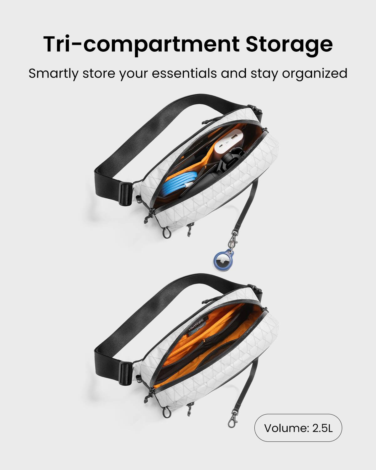 Tri-compartment Storage: Smartly store your essentials and stay organized. Volume: 2.5L