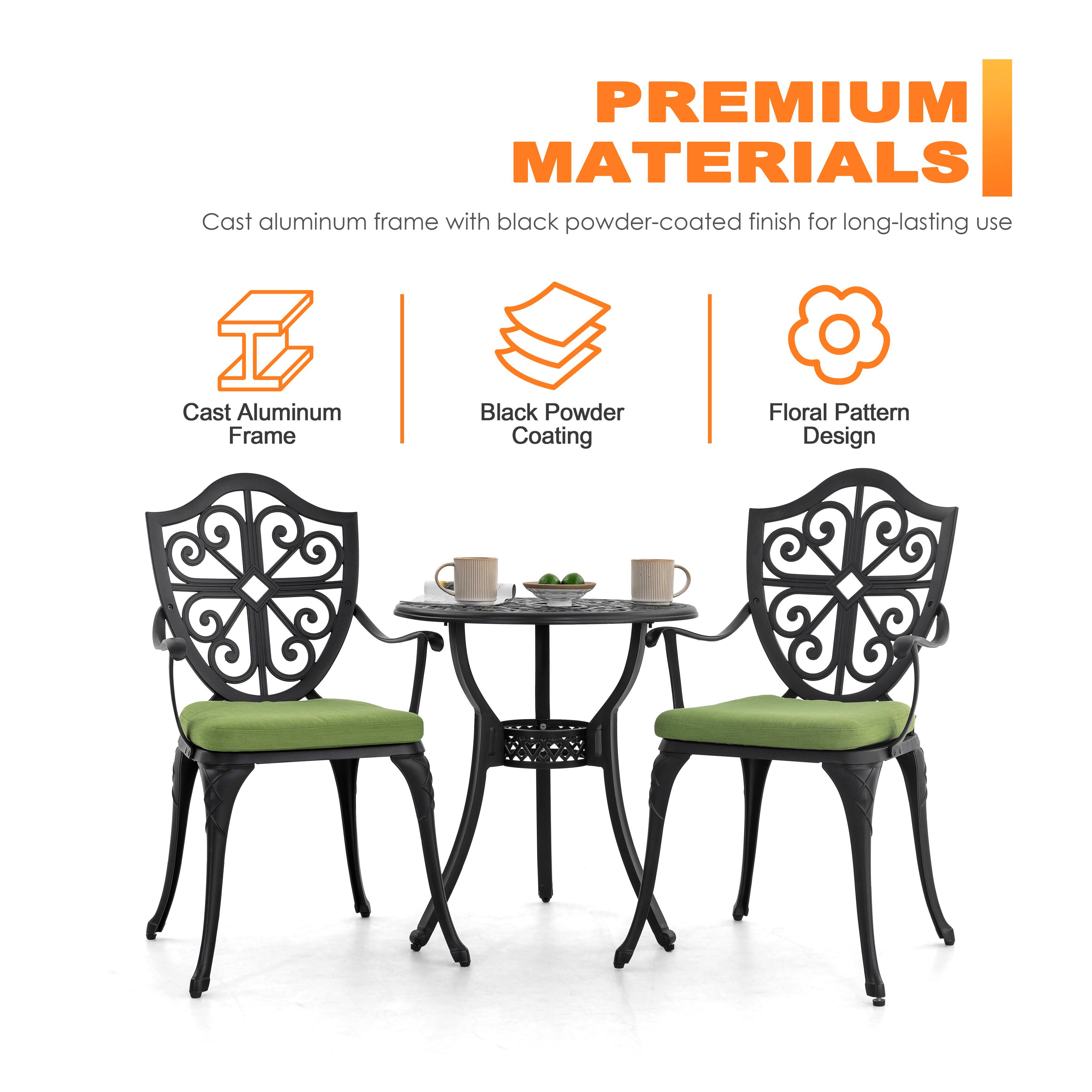 PREMIUM MATERIALS

Cast aluminum frame with black powder-coated finish for long-lasting use

- Cast Aluminum Frame
- Black Powder Coating
- Floral Pattern Design