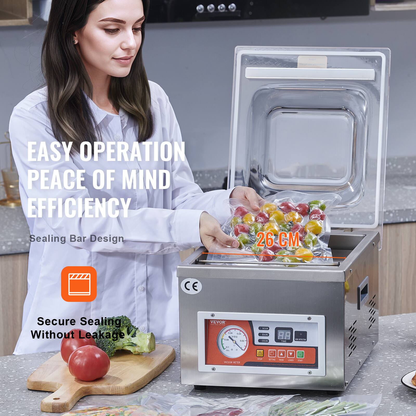 EASY OPERATION PEACE OF MIND EFFICIENCY
Sealing Bar Design
26 CM
CE
Secure Sealing Without Leakage
VEVOR