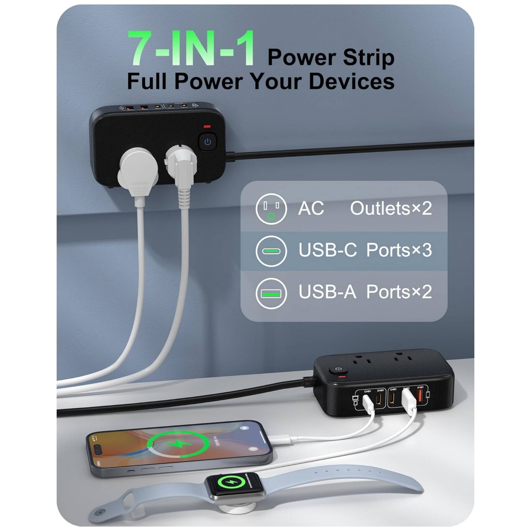 7-IN-1 Power Strip  
Full Power Your Devices  

AC Outlets x2  
USB-C Ports x3  
USB-A Ports x2