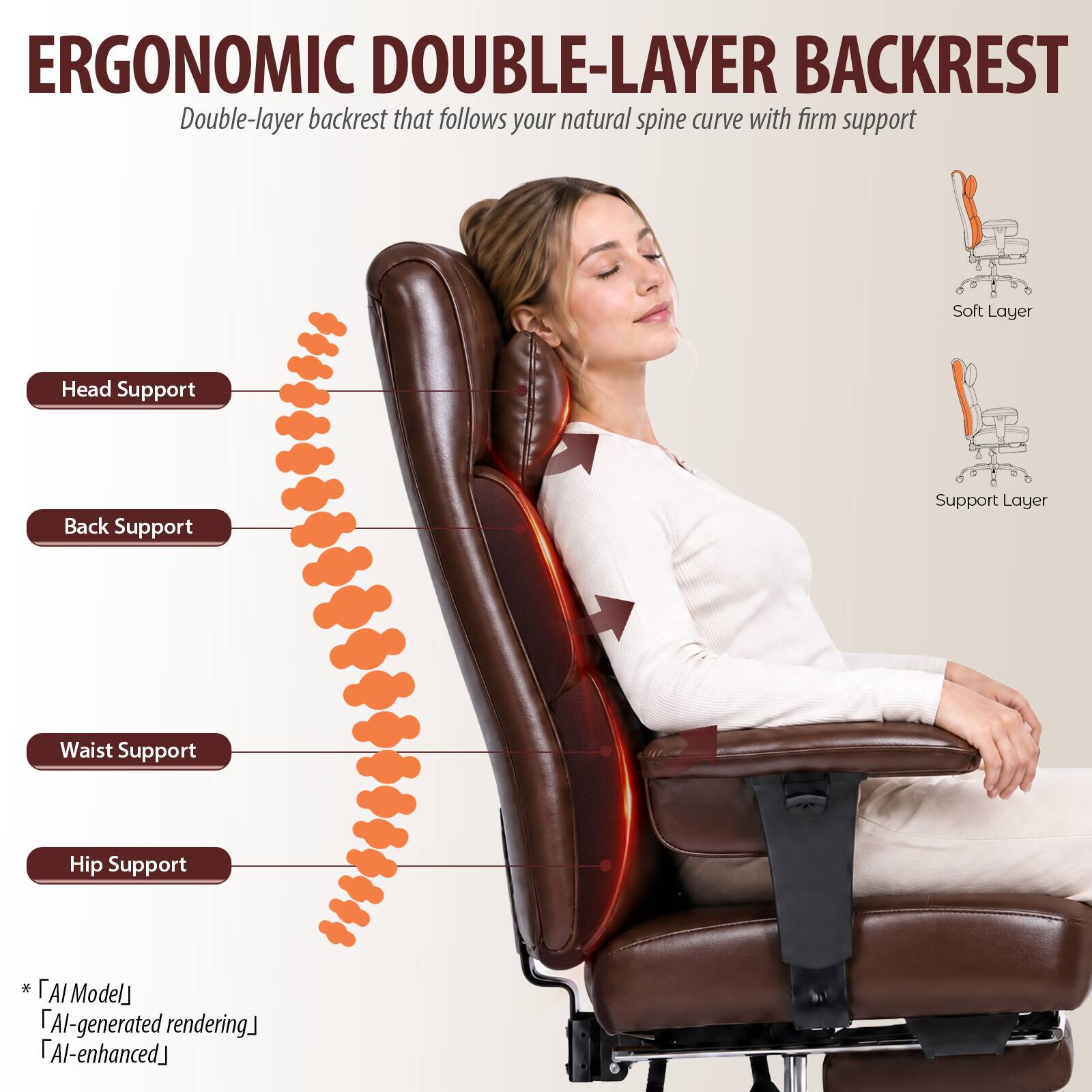 ERGONOMIC DOUBLE-LAYER BACKREST  
Double-layer backrest that follows your natural spine curve with firm support

- Head Support
- Back Support
- Waist Support
- Hip Support

Soft Layer  
Support Layer

* AI Model  
AI-generated rendering  
AI-enhanced