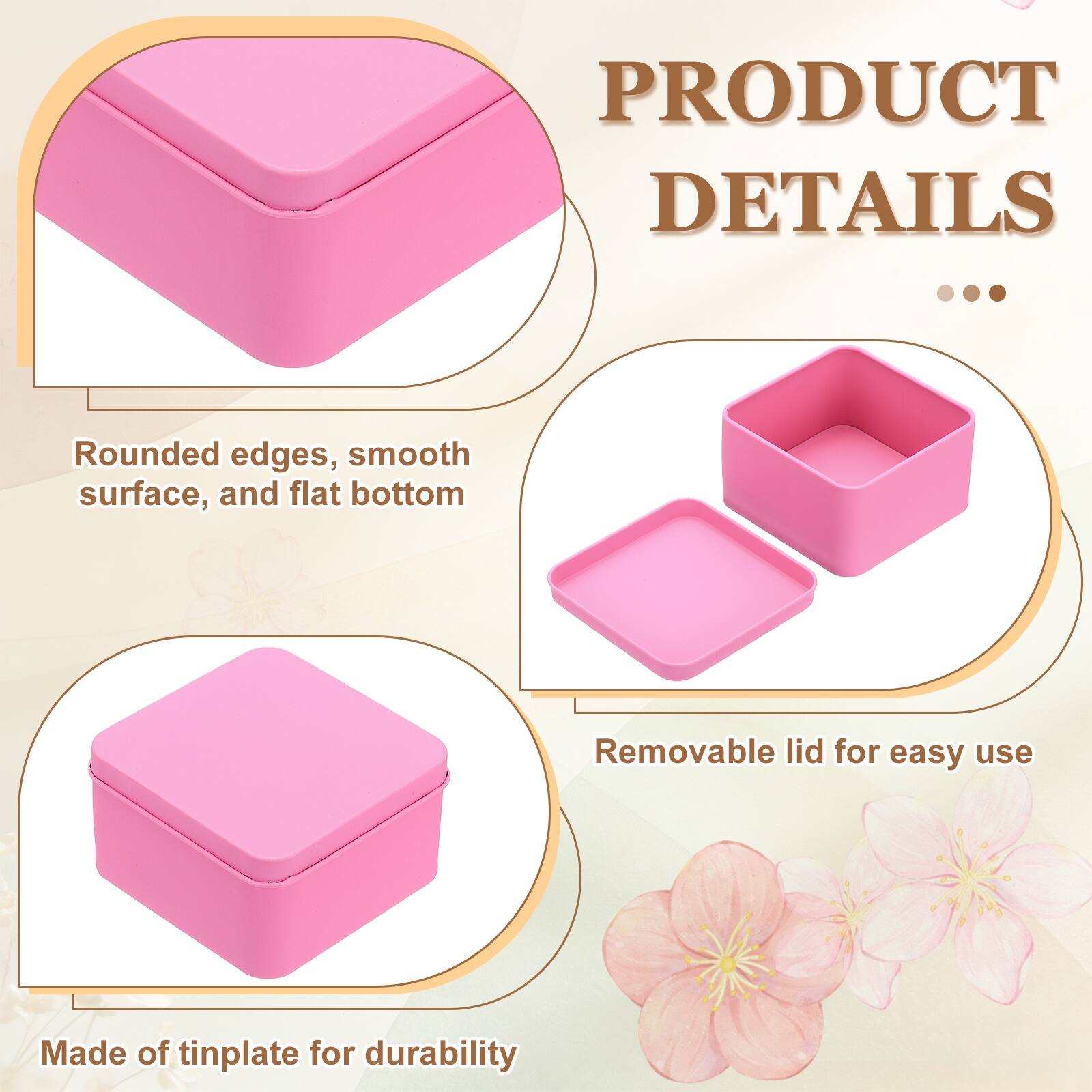 PRODUCT DETAILS

- Rounded edges, smooth surface, and flat bottom
- Removable lid for easy use
- Made of tinplate for durability