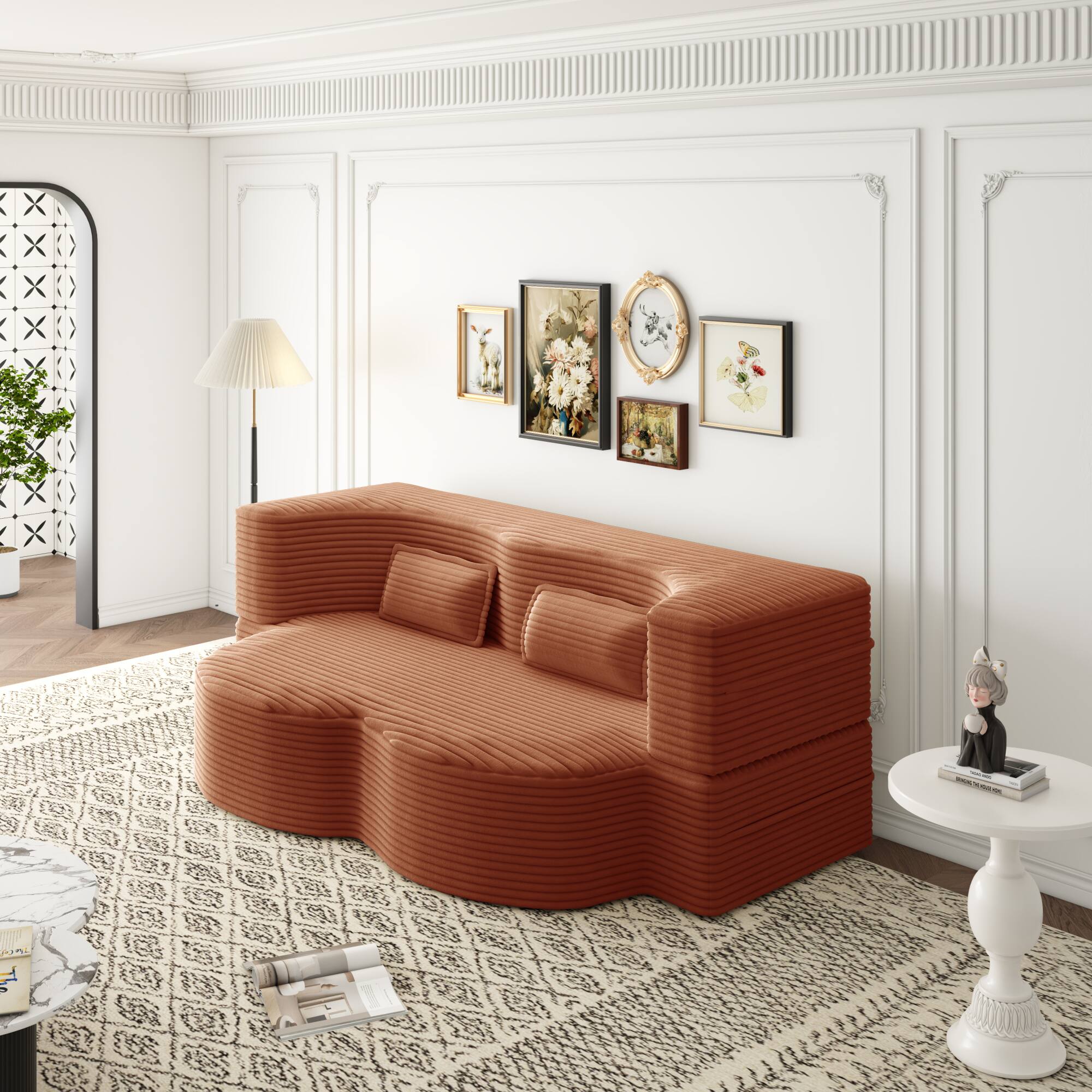 Angle. GOODSILO - Convertible Plush Corduroy Floor Sleeper Sofa with Dual Pillows for Living Room and Guest Use - Orange.