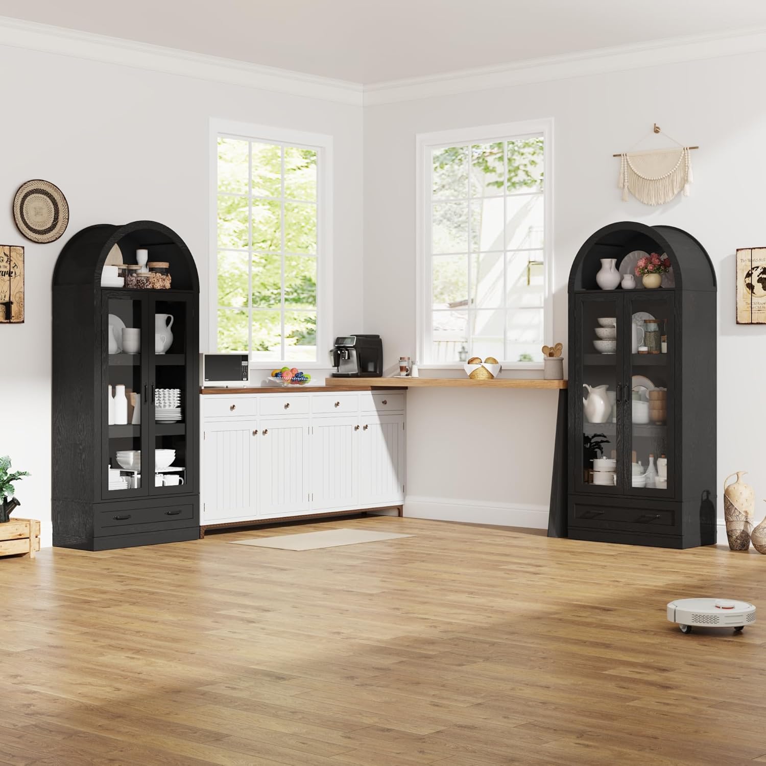 Alt View 4. Espafurni - 75" Tall Arched Kitchen Pantry Cabinet with Steel Pipe Support, Glass Doors & Drawer - Black.