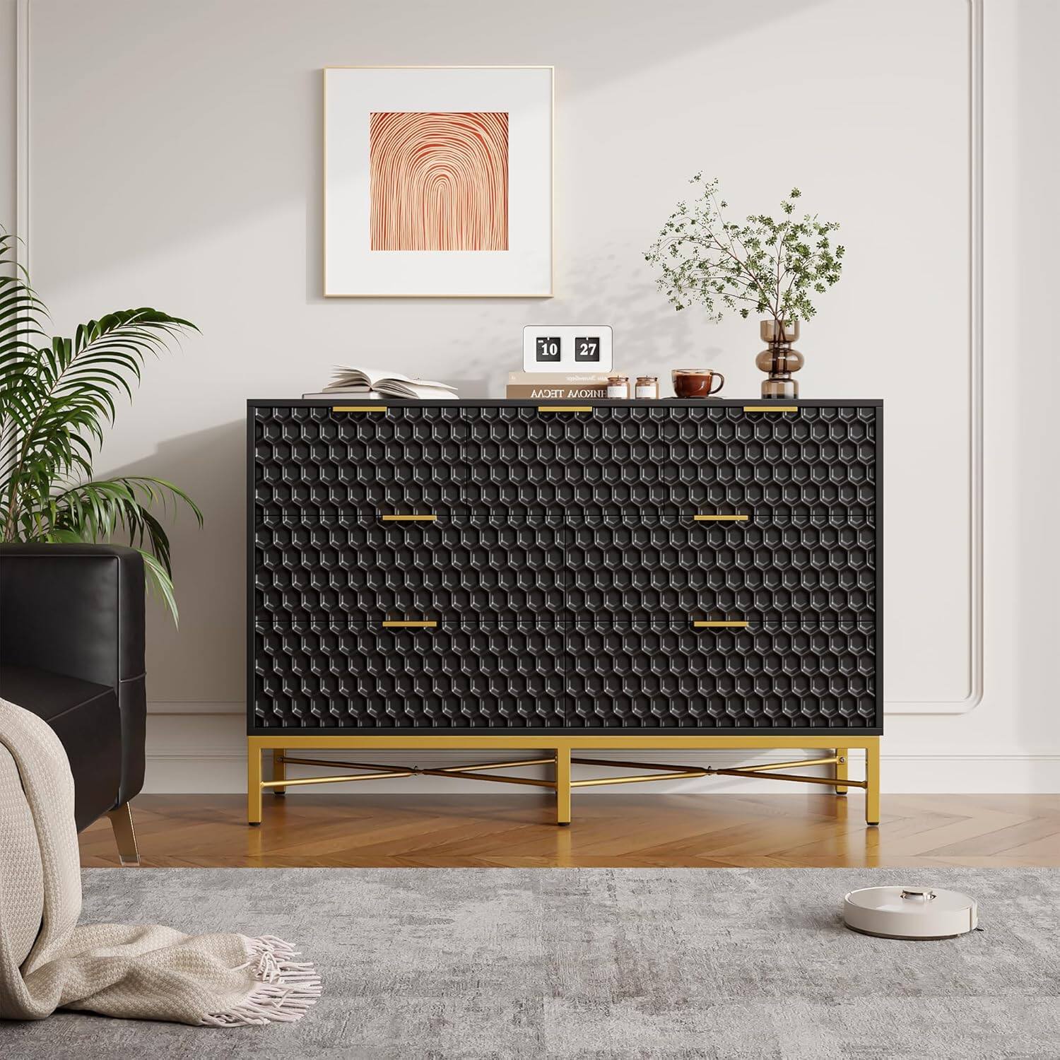 Front. Qeetex - Modern 7 Drawer Dresser for Bedroom, Long Wooden Chest with Deep Drawers and Wide Top for Living Room, Closet, Hallway - Black.