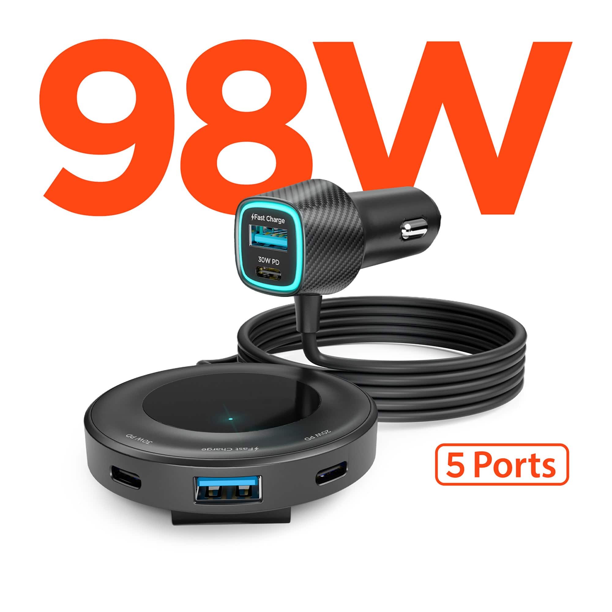 iBasics - 98W 5-Port Car Charger, Dual USB-C PD Fast Charging Hub for Road Trips - Black