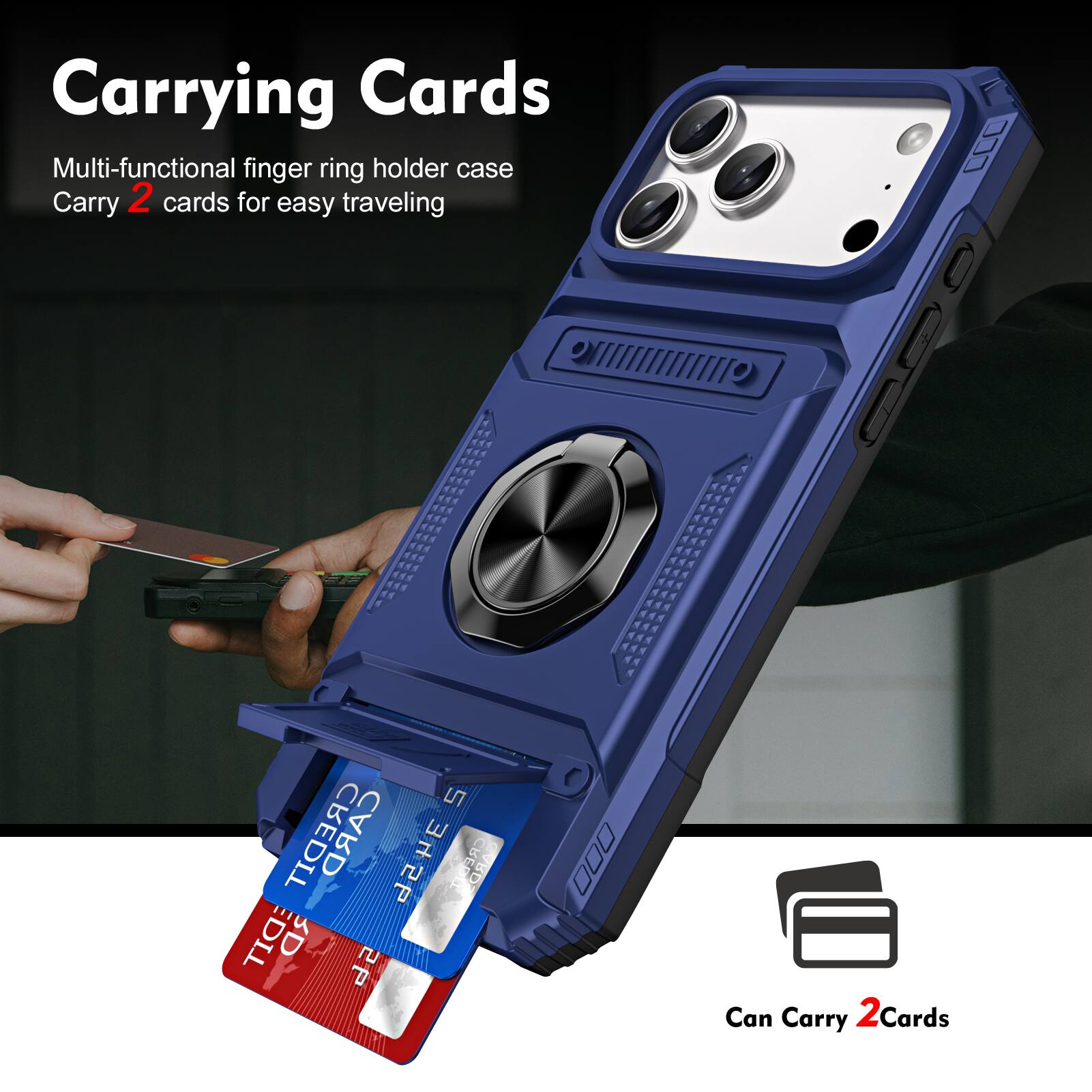 Carrying Cards

Multi-functional finger ring holder case
Carry 2 cards for easy traveling

Can Carry 2 Cards
