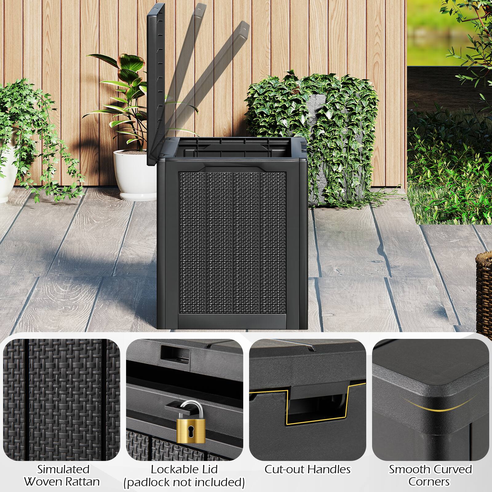 - Simulated Woven Rattan
- Lockable Lid (padlock not included)
- Cut-out Handles
- Smooth Curved Corners