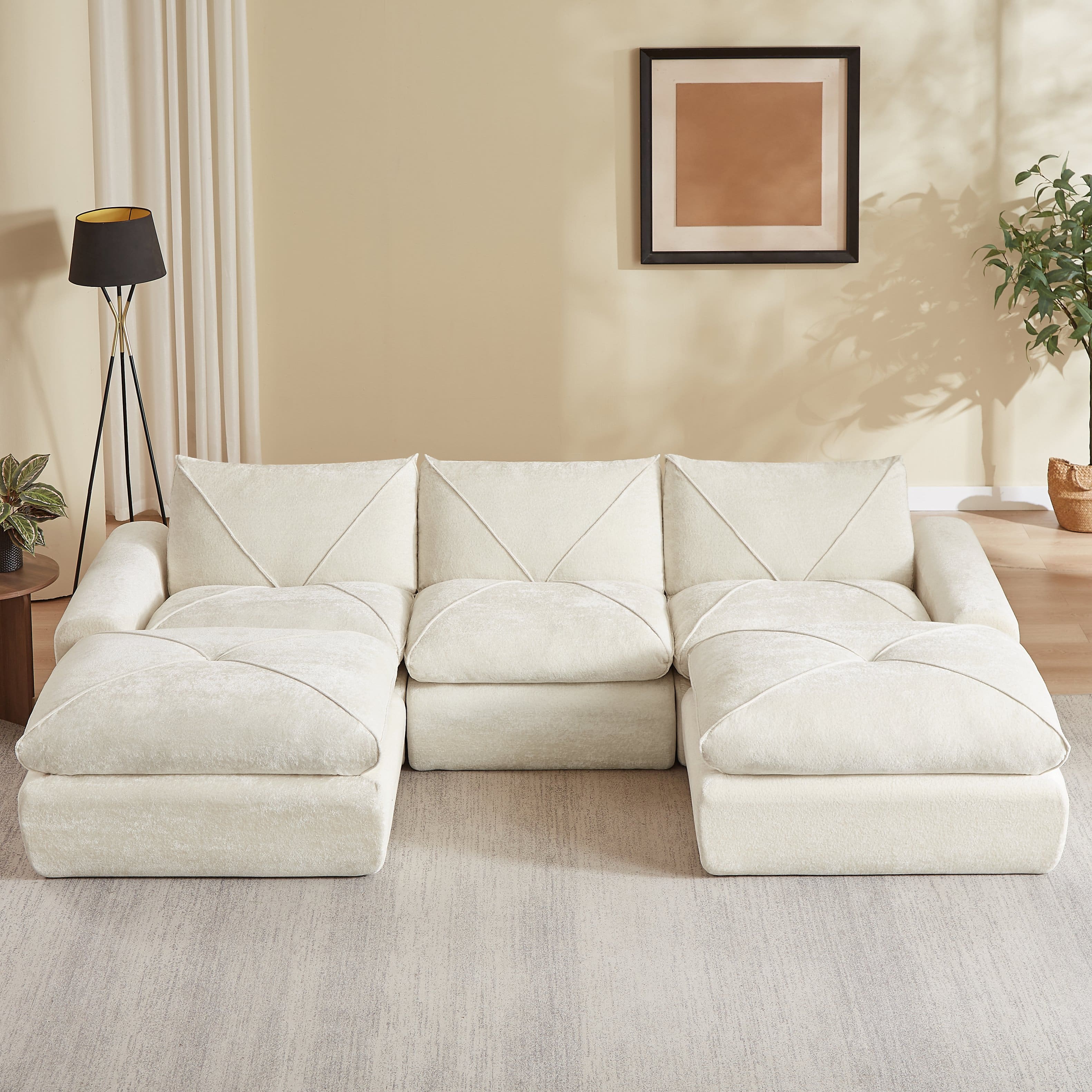 Loheer - Modern Minimalist Chenille Sectional Sofa with Ottoman Spacious Living Room Combination Couch - Beige