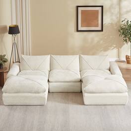 Loheer - Modern Minimalist Chenille Sectional Sofa with Ottoman Spacious Living Room Combination Couch - Beige