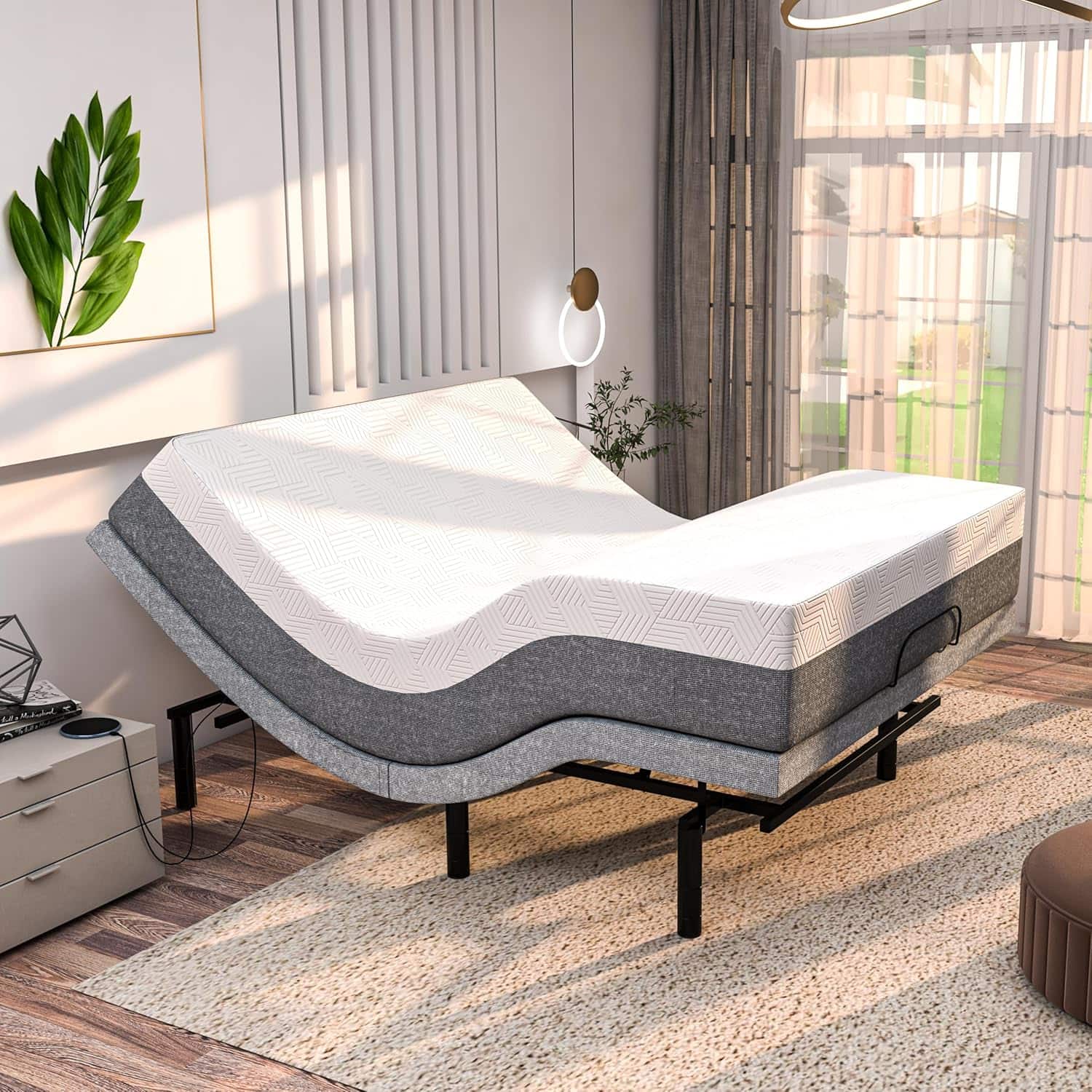 Renanim - SFE Cal King Adjustable Bed Frame with 10" Memory Foam Mattress, Massage, USB, Remote & UnderBed Light - Electric Bed - Gray