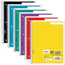 Mead - Spiral 1-Subject Notebook, 8" x 10.5", Wide Ruled, 100 Sheets, Color chosen at random, Each (MEA05514) - Assorted