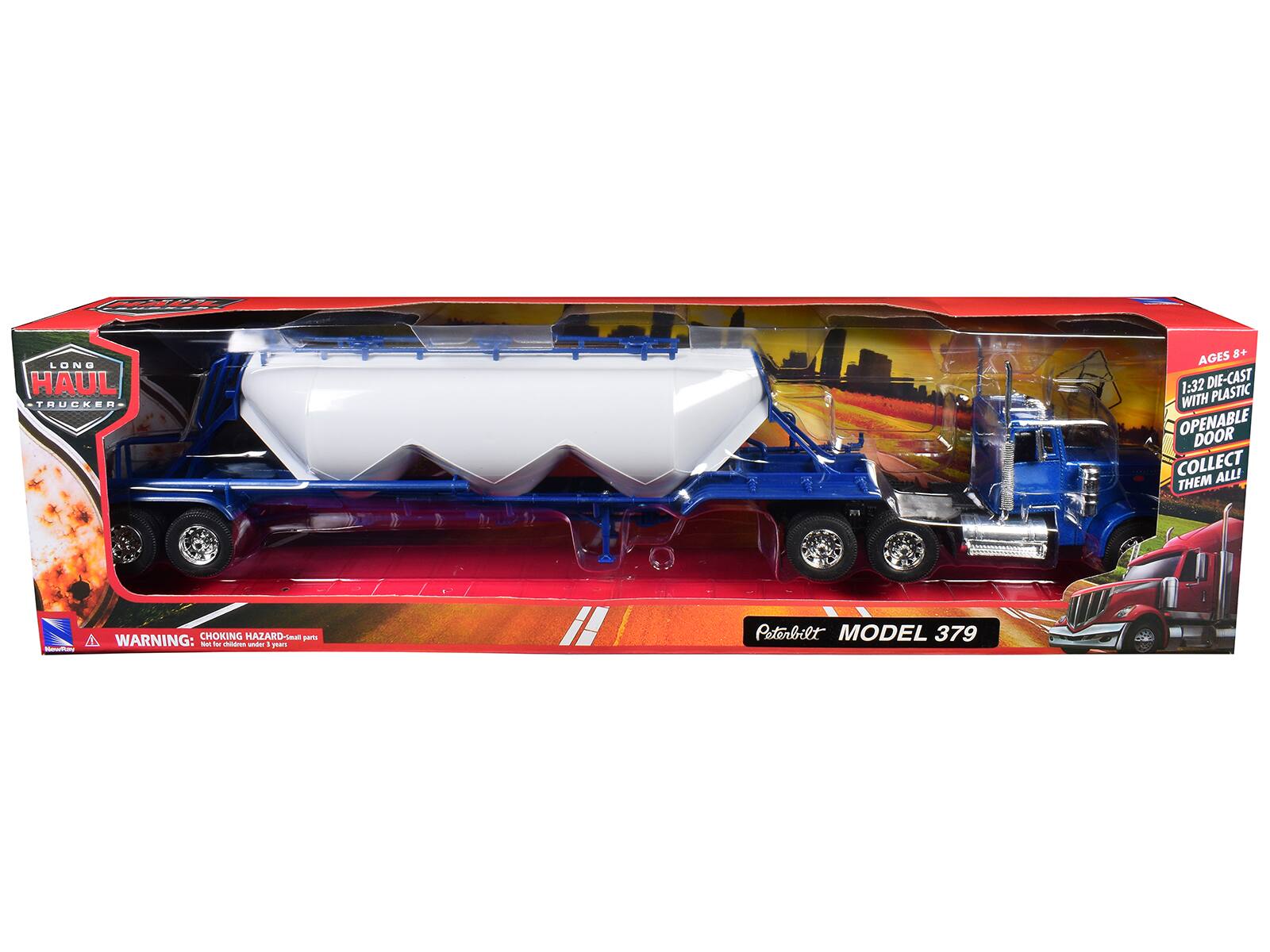 LONG HAUL STOCKED AGES 8+ 1:32 DIE-CAST WITH PLASTIC OPENABLE DOOR COLLECT THEM ALL! WARNING: CHOKING HAZARD - Small parts. Not for children under 3 years. PETERBILT MODEL 379