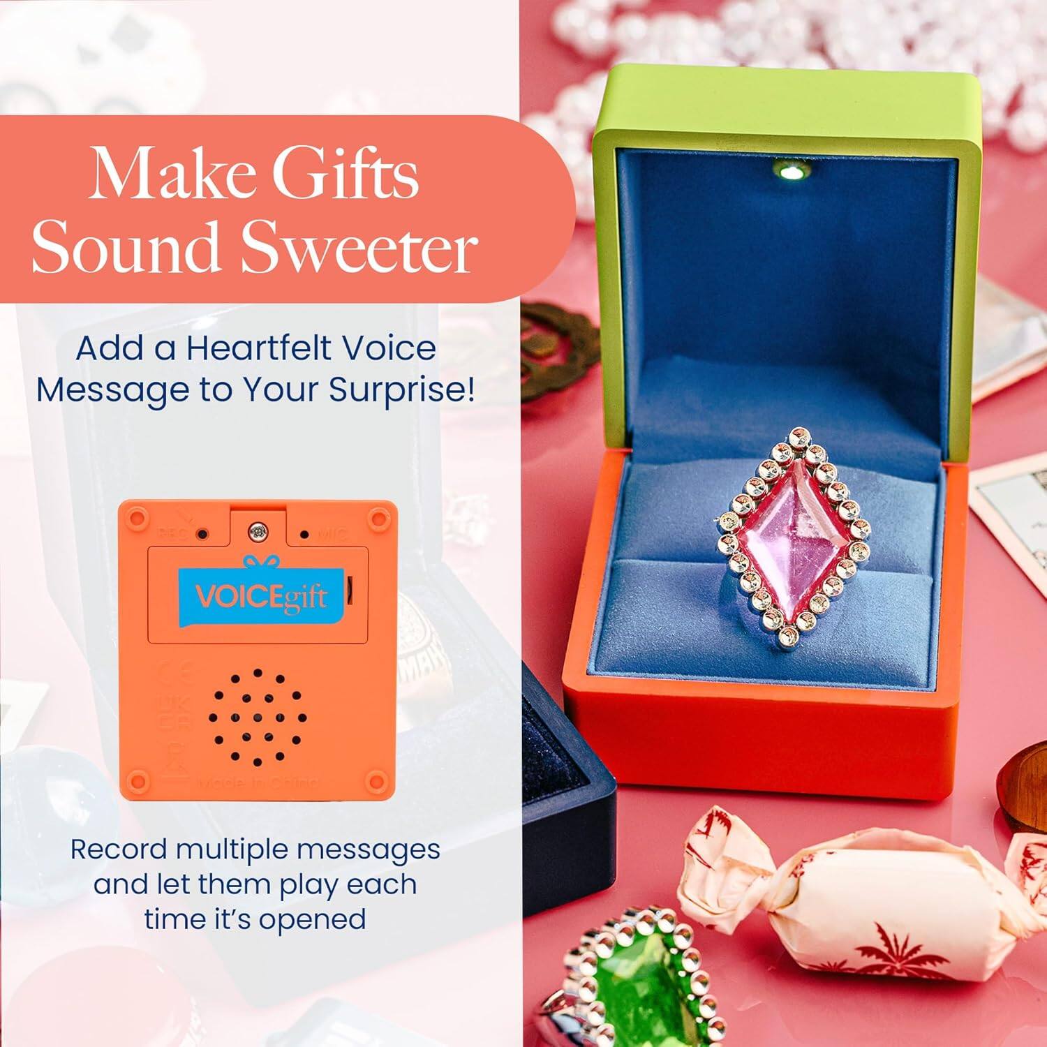 Make Gifts Sound Sweeter  
Add a Heartfelt Voice Message to Your Surprise!  

Record multiple messages and let them play each time it's opened  

VOICEgift