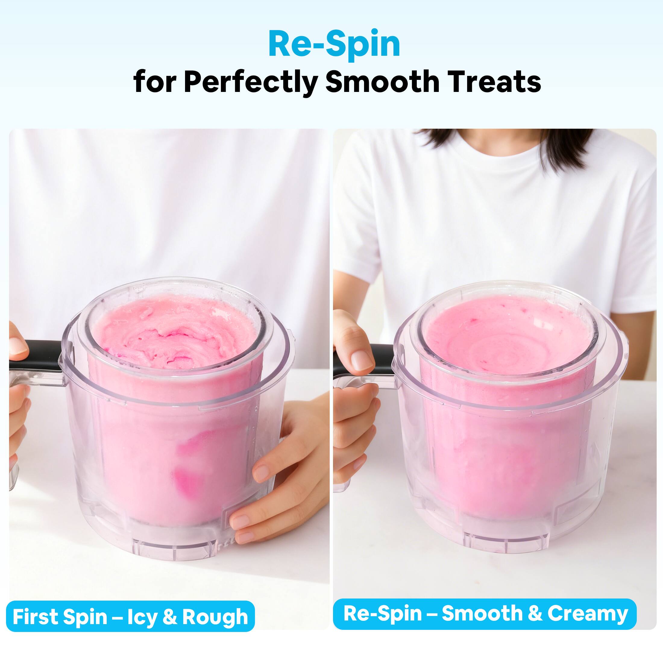 Re-Spin for Perfectly Smooth Treats

First Spin – Icy & Rough

Re-Spin – Smooth & Creamy
