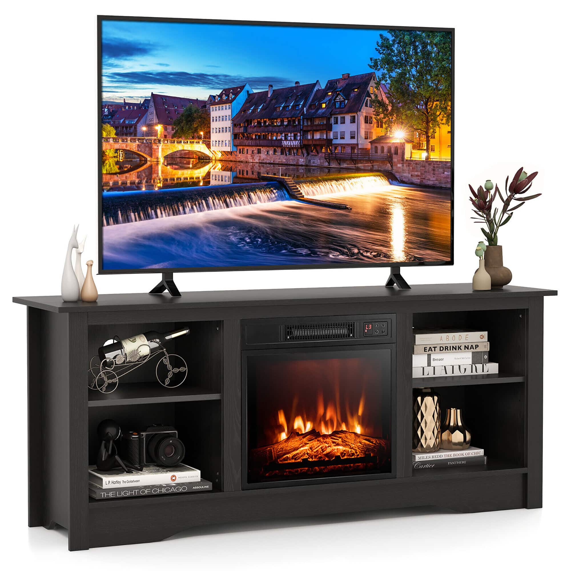 Gymax - 58'' TV Stand with 18'' Electric Fireplace Heater 3-Adjustable Shelves for 65'' TV - Black