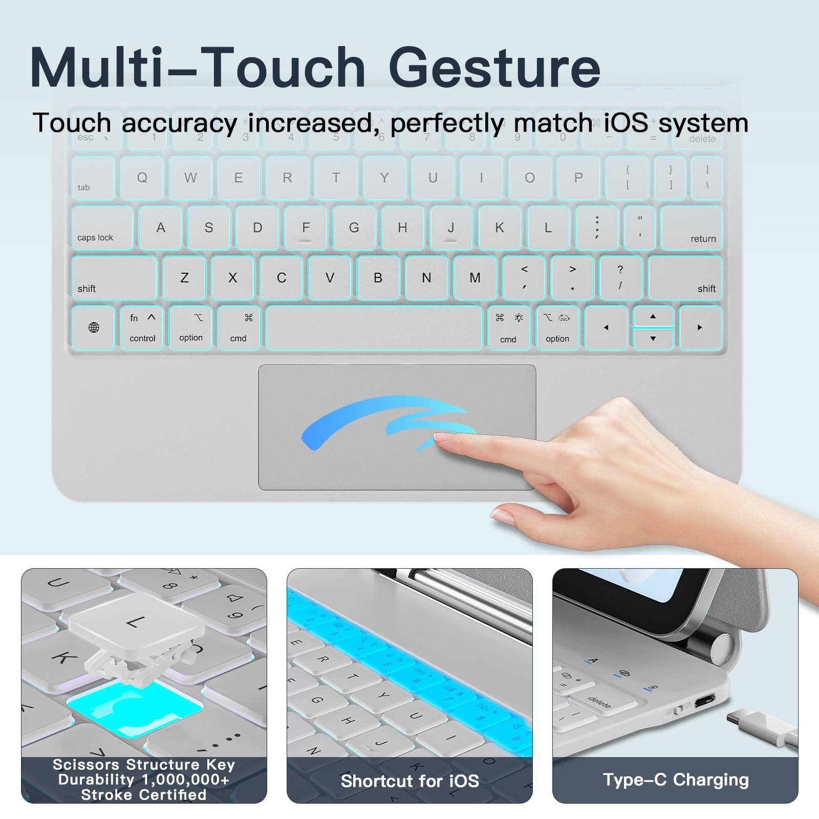 Multi-Touch Gesture  
Touch accuracy increased, perfectly match iOS system  

Scissors Structure Key Durability 1,000,000+ Stroke Certified  

Shortcut for iOS  

Type-C Charging