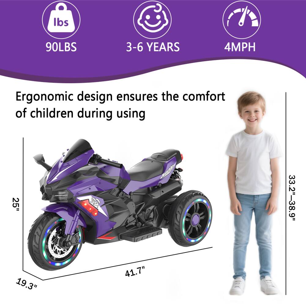 - **Weight Capacity:** 90LBS
- **Age Range:** 3-6 Years
- **Speed:** 4MPH
- **Ergonomic Design:** Ensures the comfort of children during use
- **Dimensions:**
  - Length: 41.7"
  - Width: 19.3"
  - Seat Height: 25"
  - Height Range: 33.2"-38.9"