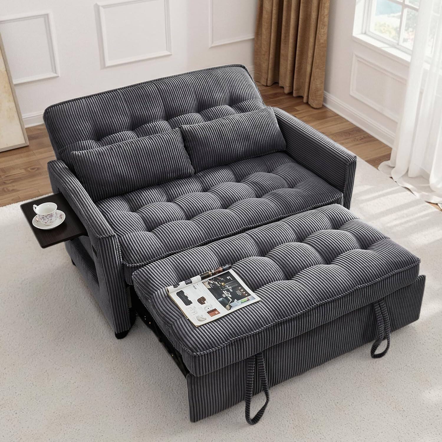 Front. Tiramisubest - Sleeper Sofa Bed, 52" Convertible Pull Out Couch with Small Table| USB Port| Side Pockets| Adjustable Backrest,Dark Grey - Dark Grey.