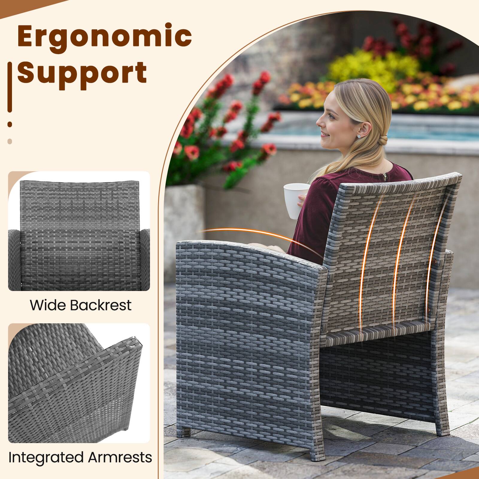 Ergonomic Support
Wide Backrest
Integrated Armrests