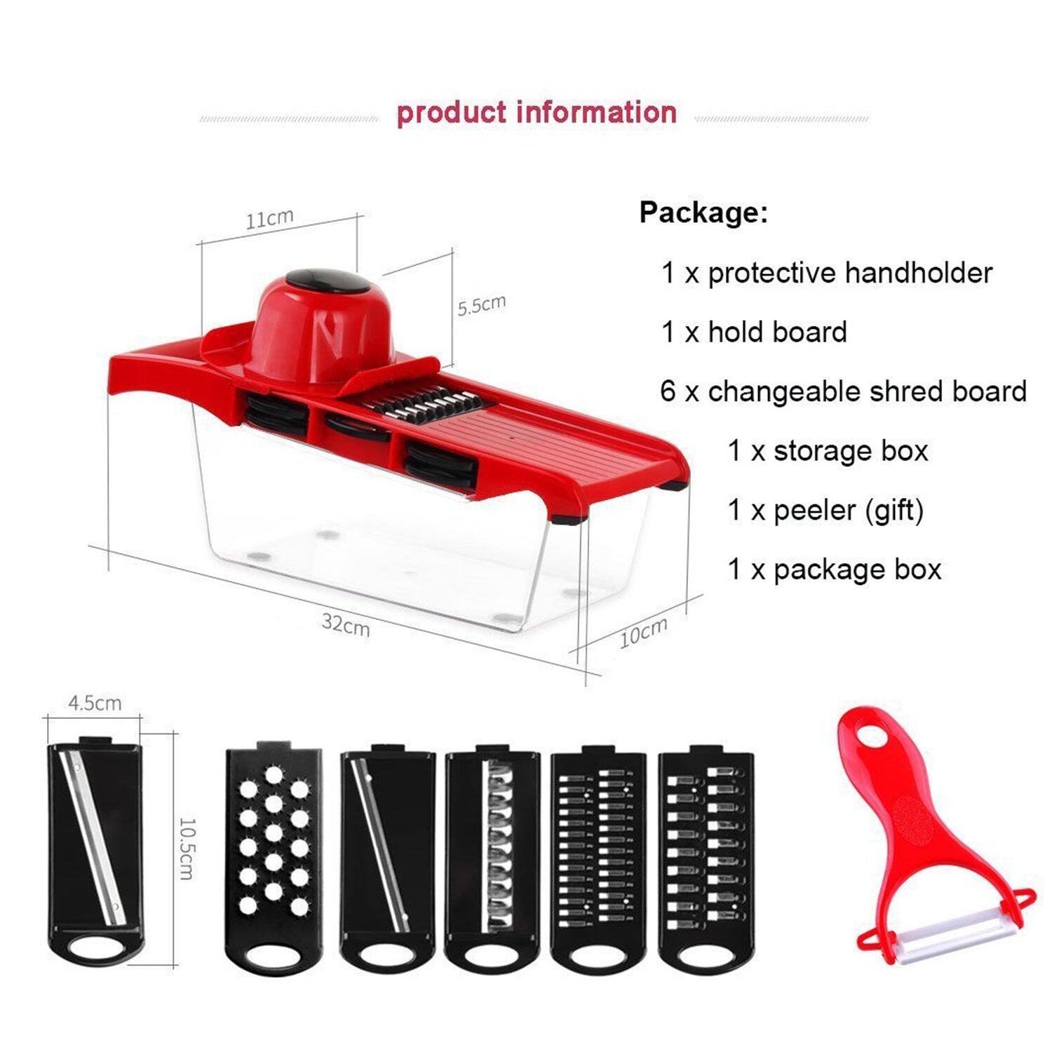 product information

Package:
1 x protective handholder
1 x hold board
6 x changeable shred board
1 x storage box
1 x peeler (gift)
1 x package box

11cm
5.5cm
32cm
10cm
4.5cm
10.5cm